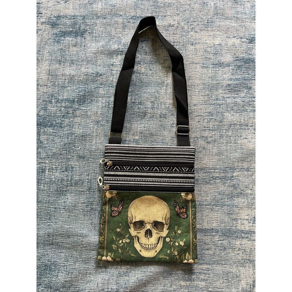 Green Floral Butterfly Skull Cotton Canvas Double Pocket Crossbody Shoulder Pouc